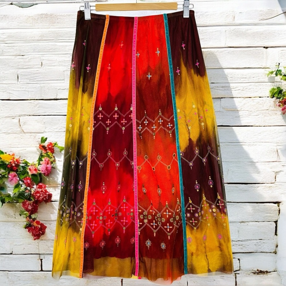 Vintage 90s Boho Ombre Multicolored Sheer Mesh Lightweight Pull On Midi Skirt S